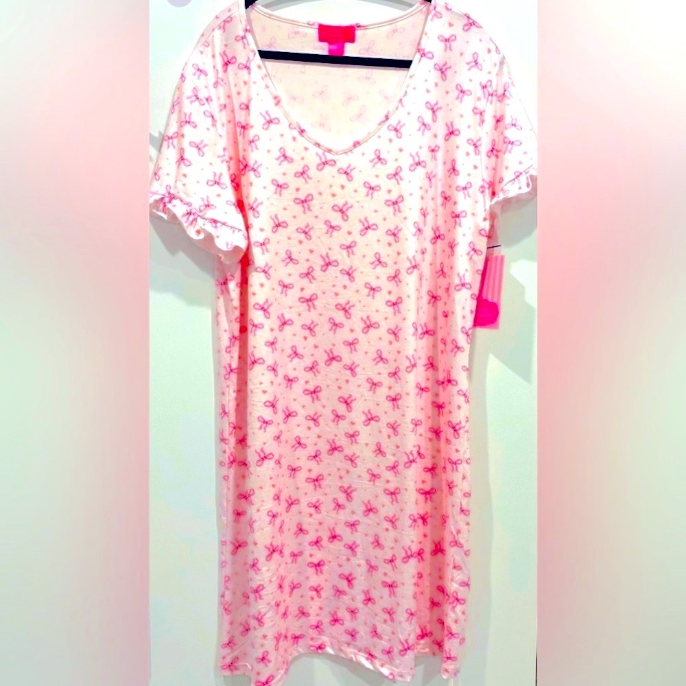 Pink Bows Hearts Breast Cancer Ribbons Ruffle Short Sleeve Plus MIDI Gown 2X